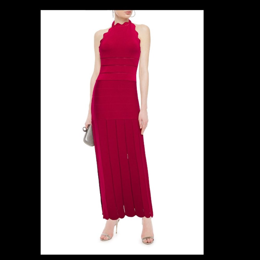 Herve Leger - Pointelle-Trimmed Scalloped Bandage Halterneck Maxi Dress Red